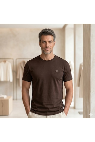 D's Damat Erkek T-shirt, Regular Fit Bisiklet Yaka Esnek Pamuklu Günlük Kısa Kollu Tişört Koyu Kahverengi Renkli