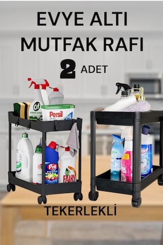 Maja 2 Adet 2 Katlı Siyah Tekerlekli Düzenleyici Mutfak Rafı Bany Siyah