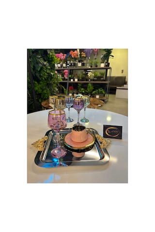 Lav Lal Renkli Yaldızlı 6'lı Kahve Yanı Bardağı Takımı, Su-içecek-soda Bardağı, Sunumluk Şık, Modern Gold-yaldız-çok Renkli