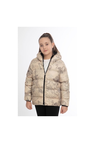 Kız Çocuk Bej Pusula Desen İçi Polar Su Ve Rüzgar Geçirmez Kapüşonlu Cepli Şişme Kışlık Mont Bej