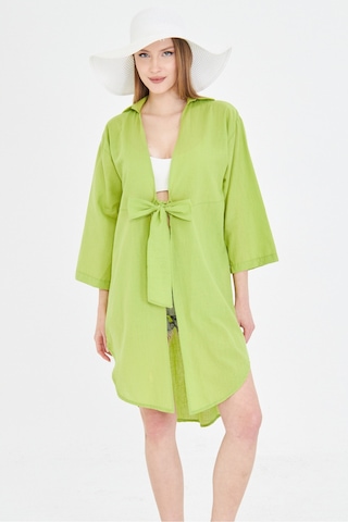 Armonika Kadın Yağ Yeşili Önden Bağlamalı İnce Keten Kumaş Midi Boy Kimono Gömlek Arm-24y001081 Yeşil