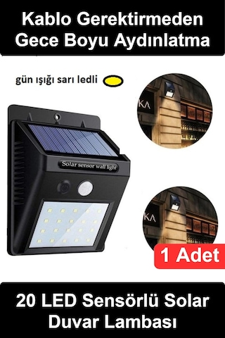 Solarlamba Güneş Enerjili Solar Lamba 20 Led Sarı Gün Işığı Hareket Sensörlü Dış Mekan Duvar Apliği Çok Renkli