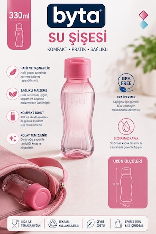 330 Ml Bpa İçermeyen Şeffaf Su Şişesi Sızdırmaz Kapaklı Matara Pembe Pembe