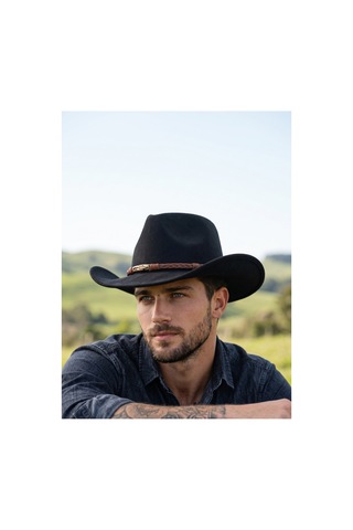Gigi Luxe Erkek Siyah Western Kovboy Şapkası Örgü Deri Bantlı Cowboy Hat Siyah Siyah