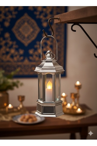 Ramazan Ledli Dekoratif Fener Parlak Gümüş Renk 10 Cm Masa Ve Raf Süsü Diğer