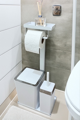 3'ü 1 Arada Banyo Seti Tuvalet Kağıtlık, Çöp Kovası Ve Tuvalet Fırça Takımı Beyaz - Krom