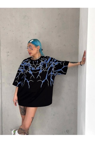 Unisex Yıldırım Baskılı T-shirt - Siyah