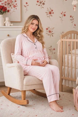 Lady Bebe Pembe Renkli Kol Ve Paçaları Manşetli, 33202 Uzun Kol, 2 Parça Lohusa Hamile Pijama Takımı Açık Pembe