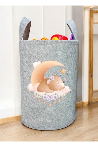 Unisex Çiçek Ayı Desenli Bebek Çocuk Odası Düzenleyici Saklama Kutusu Oyuncak Kirli Sepeti 50x40 Cm Gri