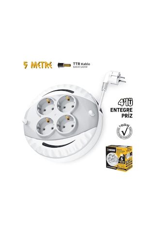 Sgs Saklı Kablolu Makaralı Uzatma Kablosu 3x1 - 4 Priz - 5 Mt. 5 M