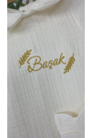 Gros Shop Müslin Yeni Doğan 4katlı Organik %100pamuk Kişiye Özgü Nakışlı Hastane Çıkış Seti-başak Model Ekru