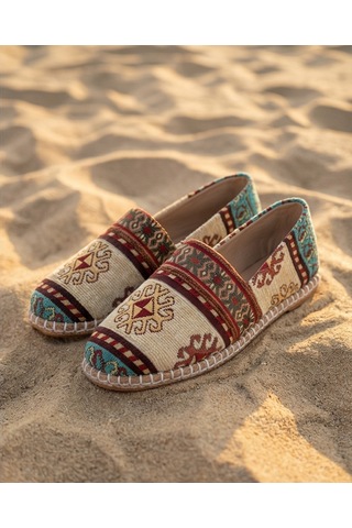 Futsishoes Magnolıa Mavi Kilim Desenli Hakiki Deri Kadın Etnik Desen Espadril Ayakkabı