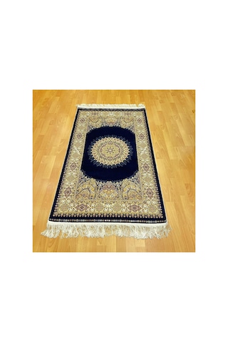 Dairesel Madalyon Göbek Motifli Lüks 90 X150 Cm İpek Halı Mavi