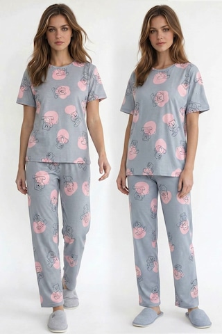 Kompedan Kadın Bisiklet Yaka Yumuşak Dokulu Büyük Ayıcık Desenli Kısa Kol Pijama Takım Gri 70132-4667