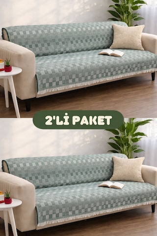 Miracolo Home Pamuklu Koltuk Örtüsü Şalı Kaymaz Dokulu Çok Amaçlı Kanepe Çekyat Örtüsü 170x200 Cm 2'li Paket Yeşil