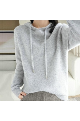Novahub Kadın Hoodie Uzun Kollu Rahat Sıcak Düz Renk Örgü Kazak Kış Üstü Gri Renk Sonbahar Kış Giyim Gri