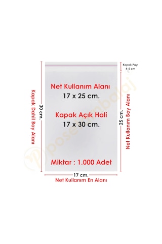17x25+5 Cm. 17x30 1.000 Adet Şeffaf Bantlı Yapışkanlı Opp Poşet