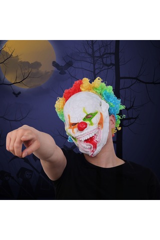Singree Korkunç Halloween Parti Kozplayi İçin Vinil Yüzlü Sentetik Fiber Saçlı Renkli Palyaço Maskesi 1 Adet