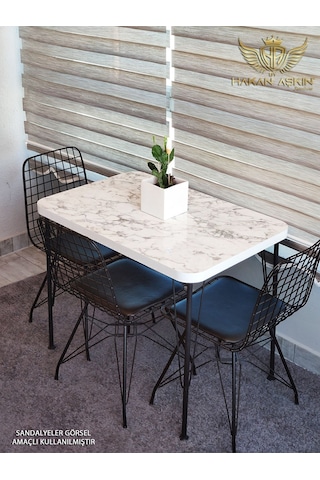 By Hakan Aşkın Siyah Metal Ayaklı 60x90 Cm Kalınlıklı Tek Masa White Marble Mutfak - Balkon - Çalışma Masası