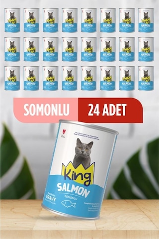 King Sos İçerisinde Et Parçacıklı Somonlu Kedi Konservesi 400 Gr 24 Adet