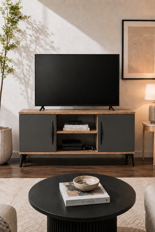 Vermo Tv Sehpası Tv Ünitesi Televizyon Sehpası Çam Antrasit 110 Cm Siyah