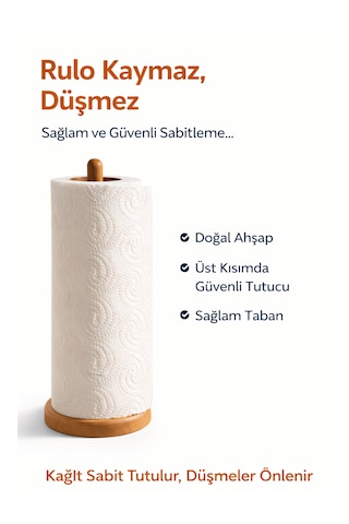Beylini Tezgah Üstü Ahşap Kağıt Havluluk Dekoratif Peçetelik Kaymaz Dik Rulo Havluluk Şık Modern Tasarım Ahşap - Bej