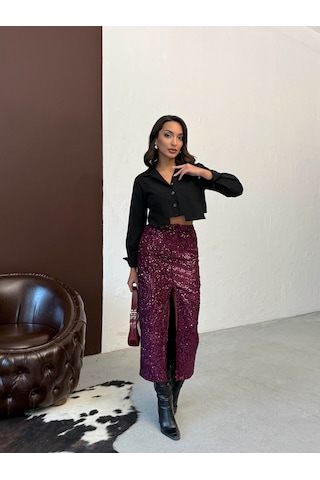 Verymoda Pullu Kadife Uzun Etek F2053 Mürdüm