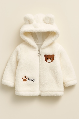 Uğur Bebe Krem Renk Astarlı Unisex Peluş Kapüşonlu Ayıcık Nakışlı Bebek Hırkası Yumuşacık Ve Sıcak Tutar Krem Krem