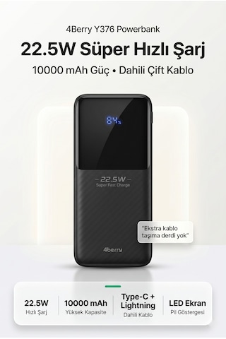 4berry Y376 10000mah 22.5w Süper Hızlı Şarj Type-c Ve Lightning Kablolu Powerbank Siyah