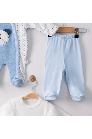 3 Ay Ayıcık Nakış Tulumlu Erkek Bebek 5'li Set Mavi Mavi