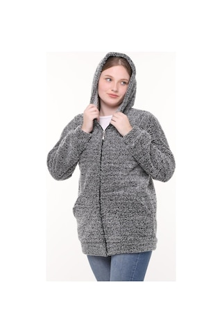 Unika Boutique Kapüşonlu Welsoft Peluş Gri Hırka - Cepli Kapüşonlu Fermuarlı Kışlık Peluş Gri Hırka Ceket