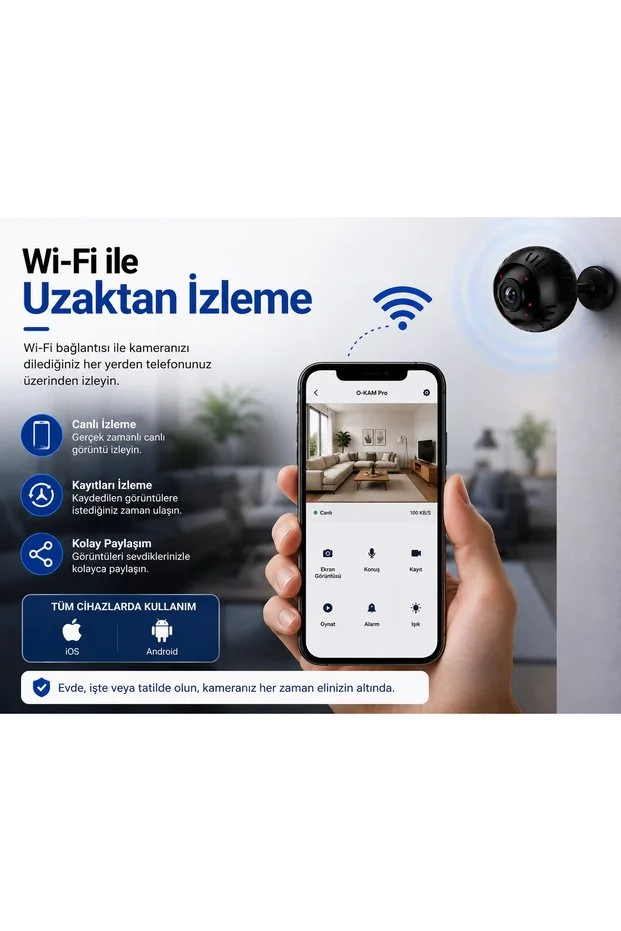Mini Wi-fi Güvenlik Kamerası 1080p Full Hd Geniş Açı Gece Görüşü Hareket Algılama 64gb Sd Kart Destekli