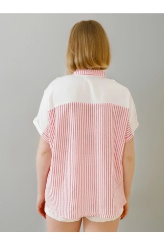 Kadın Keten Oversize Pembe Cizgili Beyaz Kısa Kollu Gömlek Pembe