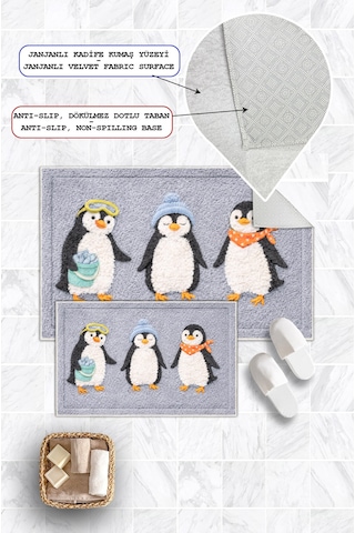 Penguen Desenli Dijital Baskılı Yıkanabilir 2li Banyo Paspası 50x60-60x100 Gri