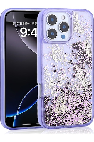 Apple Uyumlu iPhone 14 Pro Max Kılıf Sıvılı Simli Kelebek Baskılı Şeffaf Arka Yüzey Tchs Glis Silikon Kapak - Mor Mor