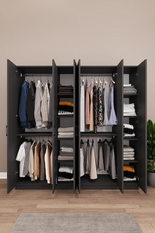 Asra Trend 6 Kapaklı Gardırop G-06 %100 MDF Çift Katlı Askılı Elbise Dolabı Koyu Gri