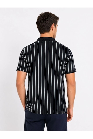Novalisse Erkek Pike Kumaş Çizgili Polo Yaka Tişört Kısa Kol Yazlık T-shirt - Siyah Çoklu Renk