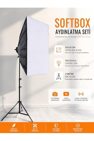 Rabsev Softbox Aydınlatma Seti 50x70 Cm 2 Metre Işık Ayağı Fotoğraf Video Youtube Canlı Yayın