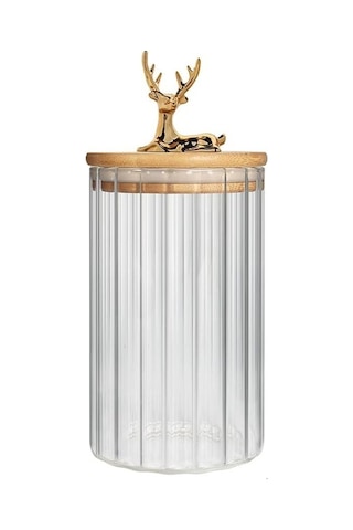 Morponi 3'lü Borosilikat Cam Gold Geyik Figürlü Bambu Kapaklı Kavanoz 1000 Ml Şeffaf