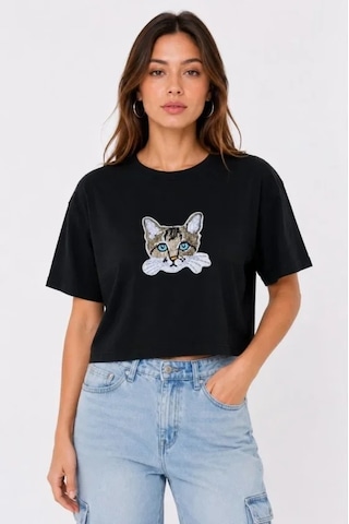 Defymoda Kedi Baskılı Oversize Crop Tişört Salaş Basic Yarım Kol T-shirt - Siyah Mavi