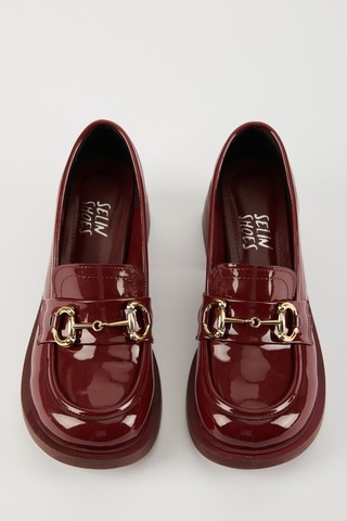 Selin Shoes Hily Gold Aksesuar Detay Kadın Loafer- Bordo Rugan