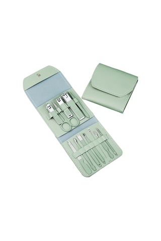 Kangvka 12 Parça Çelik Manikür Seti - Fırça, Tırnak Kırıcı, Düzeltme Aletleri İle Katlanabilir Pu Çanta Yeşil Yeşil