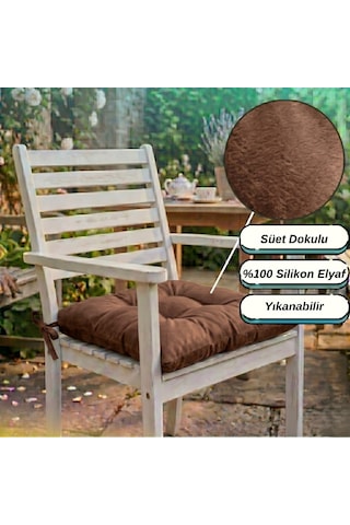 4 Adet - 40x40 Cm Lüks Süet Dokulu Kahverengi Sandalye Minderi - %100 Silikon Elyaf Dolgulu Yıkanabilir Minder