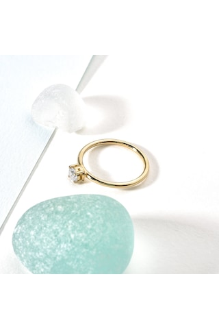 14 Ayar Altın Kaplama Yuvarlak Kesim Tektaş Gümüş Yüzük - Rs00104 Altın