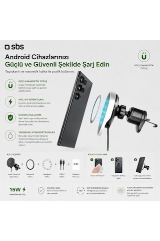 Sbs 15w Magsafe Araç İçi Kablosuz Şarjlı Telefon Tutucu Geri Çekilebilir Usb-c Kablo Havalandırma Izgarası İphone & Android Uyumlu Beyaz