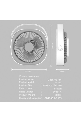 Pazly Usb Şarjlı Masa Fanı M102 - 4000mah Pil - 360 Dönme - Sessiz - Taşınabilir Ev/büro Fanı Beyaz