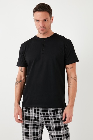 Buratti Ekoseli Pamuklu Beli Lastikli Regular Fit Kısa Kollu Erkek Pijama Takımı 6572004 Siyah