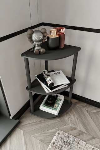 3 Katlı Dekoratif Köşe Kitaplık Siyah Siyah