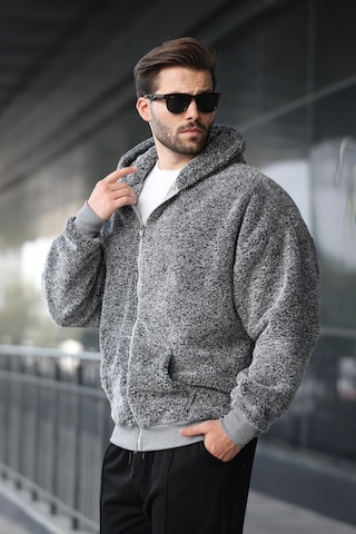 Madmext Gri Peluş Over Fit Kapüşonlu Fermuarlı Erkek Sweatshirt 6049 Gri