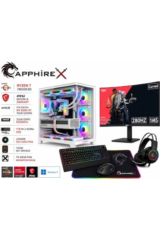 Apphirex 97X R7-7800X3D 32 GB 1 TB M2 SSD 16 GB RX9060XT 27" Free Dos Masaüstü Oyuncu Bilgisayarı